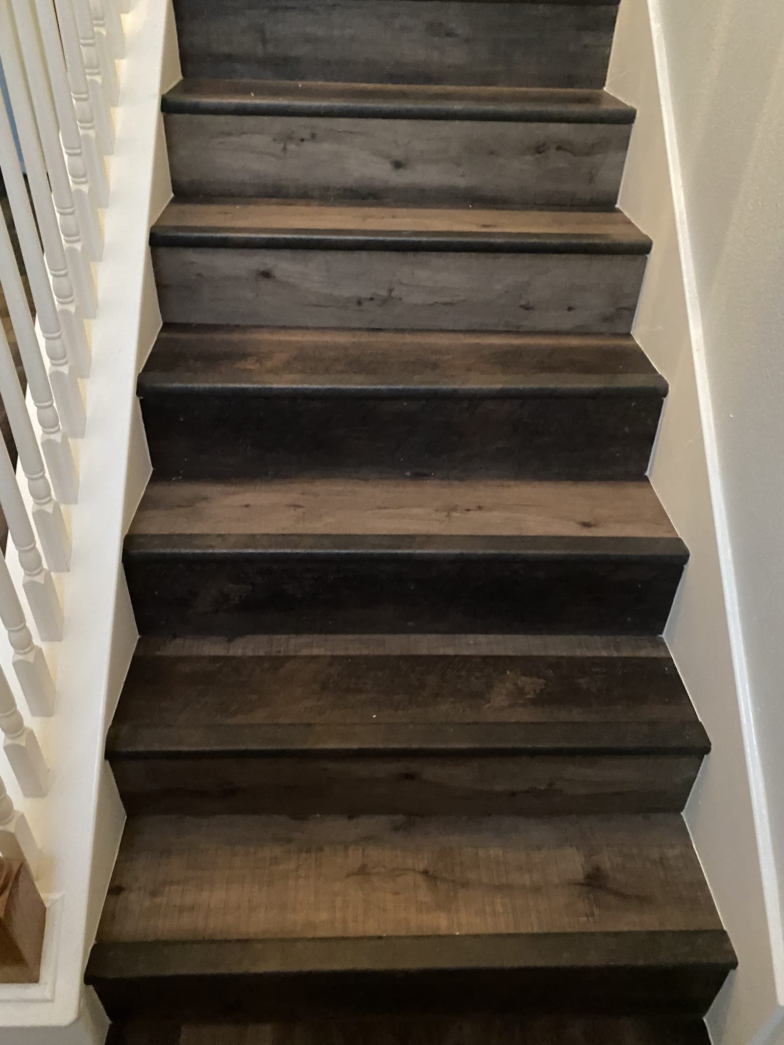 Dark-stained stair treads and risers